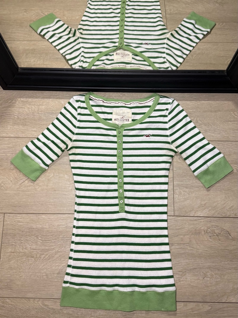 Y2K 2000s Hollister Co. Green & White Striped Button Up Henley Shirt
